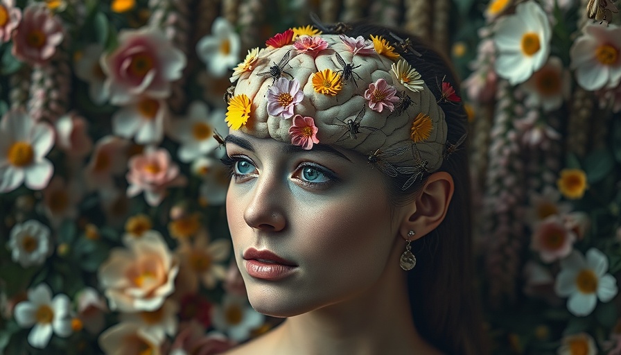 Surreal image representing menopause mood swings with brain and nature elements.
