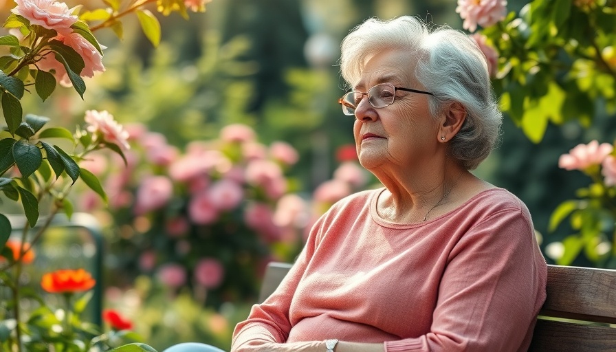 Serene older woman in garden reflecting on menopause mood and mental health.