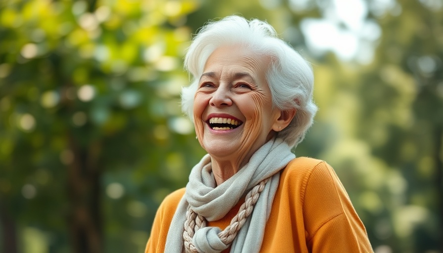 Joyful older woman showcasing natural solutions for hair, skin, and nails outdoors