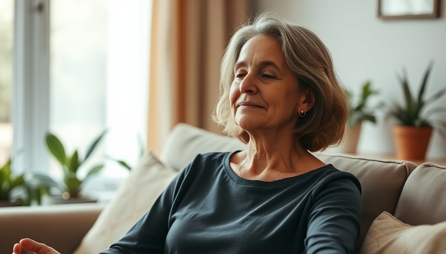Middle-aged woman practicing CBT for menopause symptoms, meditating peacefully.
