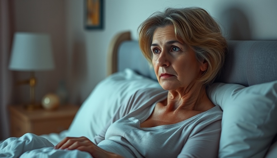 Middle-aged woman experiencing menopause sleep challenges in dimly lit bedroom.