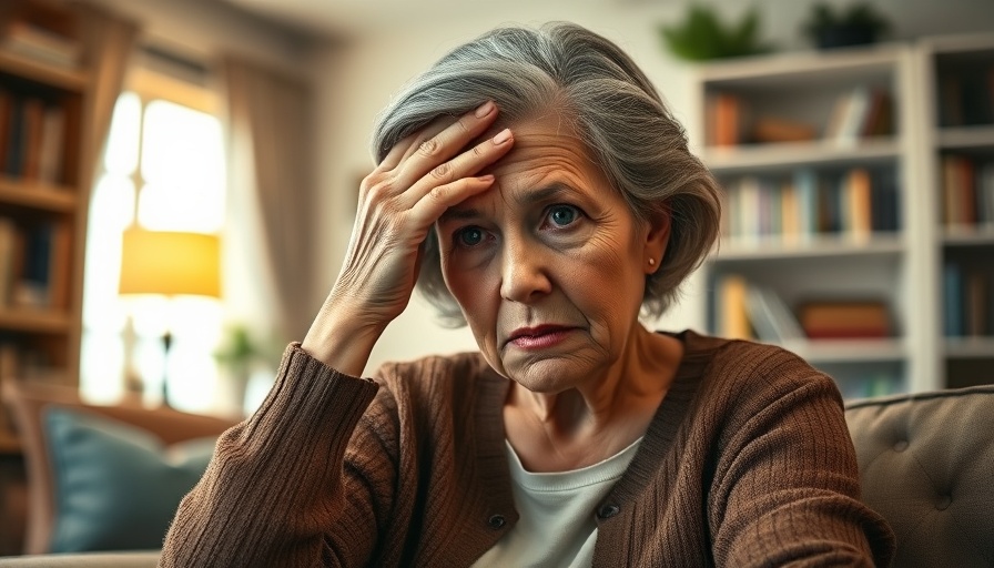 Middle-aged woman with migraine in cozy room, menopause context.