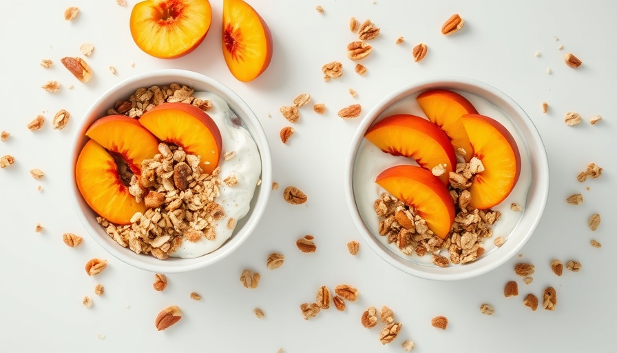 Vibrant breakfast bowls with peaches and granola on white surface.