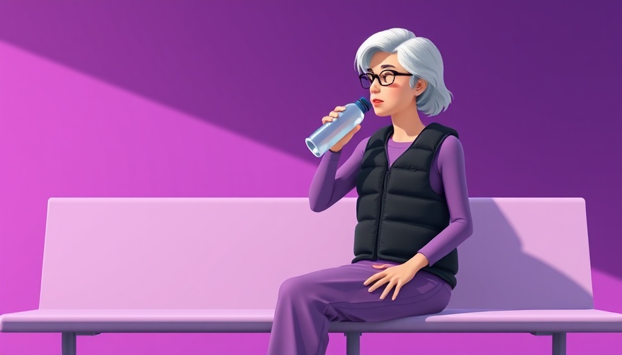 Midlife woman with weighted vest, drinking on bench, purple gradient.
