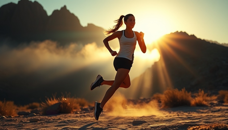 Female athlete running in sunrise desert landscape for sports research.