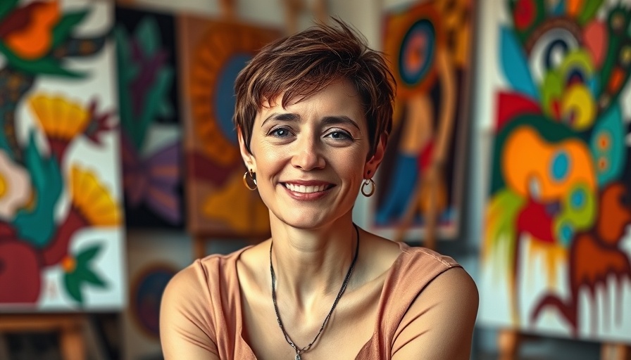 Woman in studio, smiling softly, among vibrant art pieces.