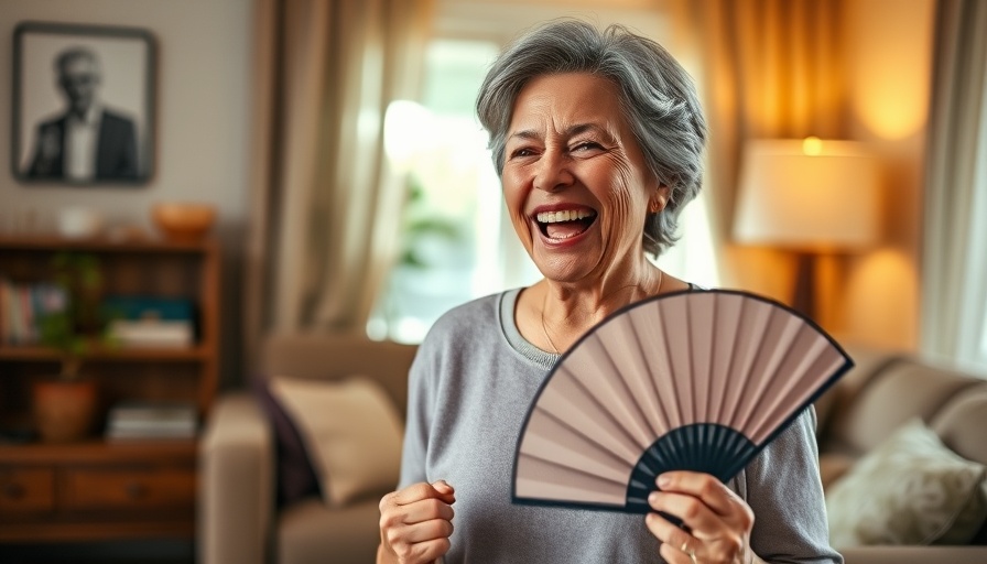 Middle-aged woman humorously fanning herself in warm living room.