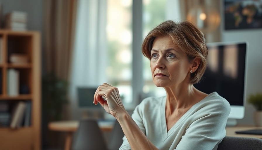 Middle-aged woman contemplating in a home office, ADHD in Menopausal Transition