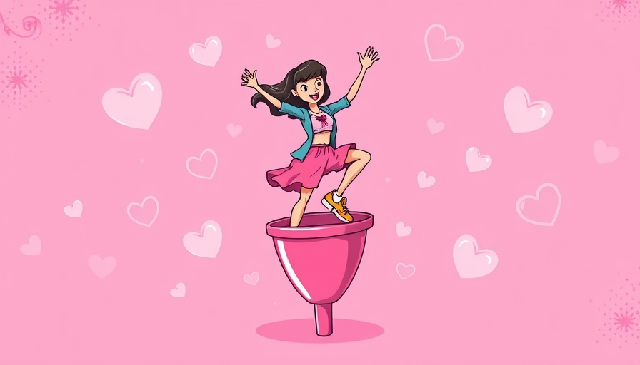 Colorful cartoon woman and menstrual cup, women’s intimate health illustration.