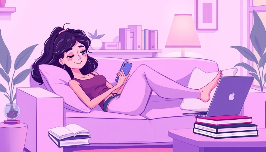 Woman relaxing on sofa with phone in cartoon living room, common questions about menopause.