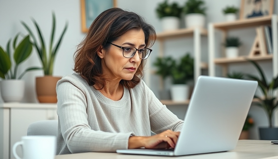 Mature woman working on laptop in a serene modern office.