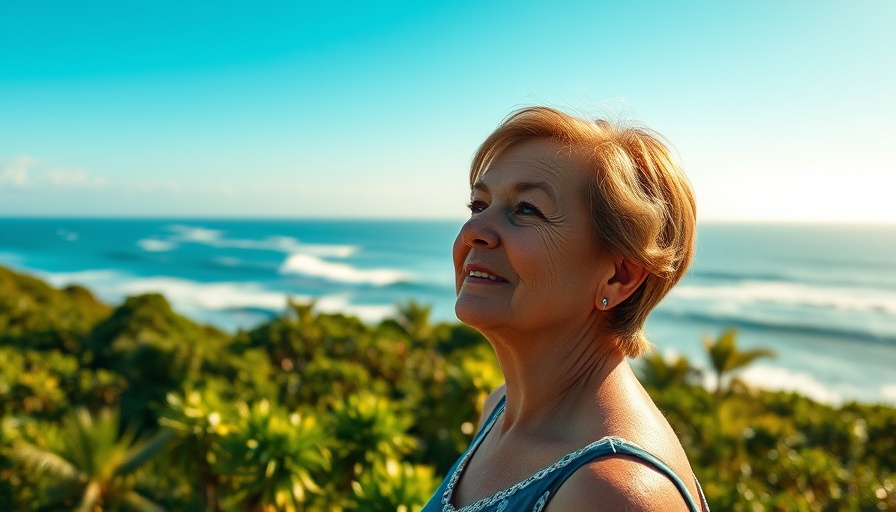 Woman outdoors by the ocean conveying hope in liver health and menopause.