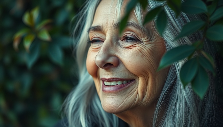 Contented older woman testimonial on joint health during menopause in nature.