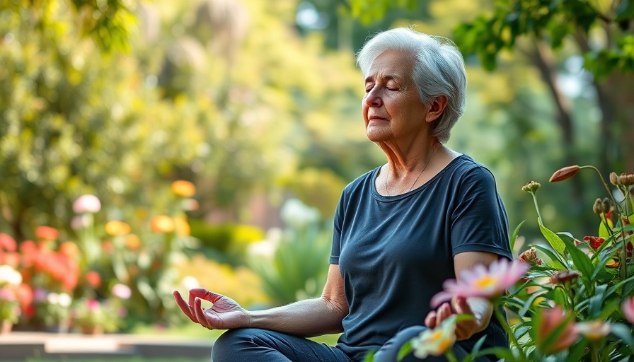 Calm older woman meditating in serene garden for menopause awareness and holistic health.