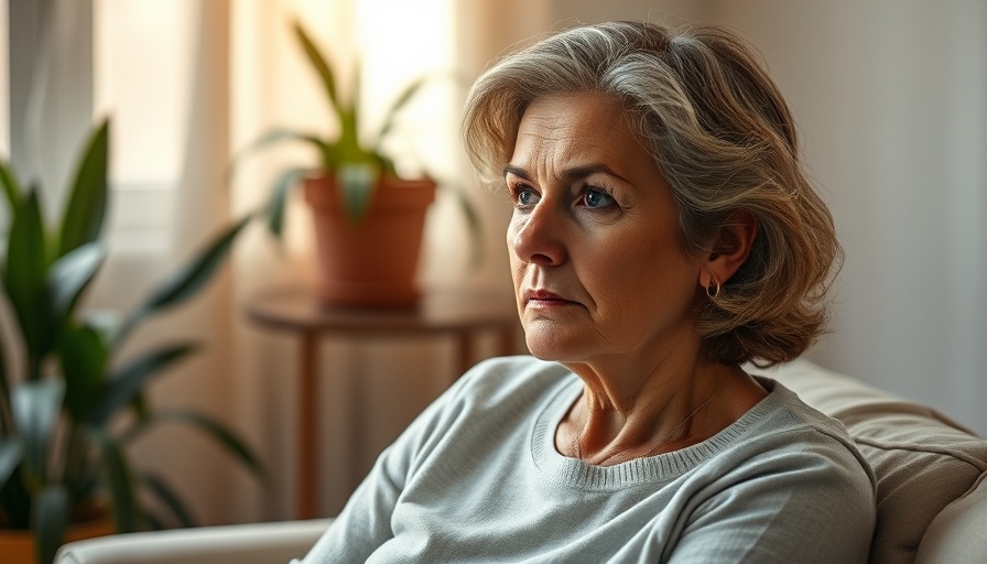 Middle-aged woman pondering perimenopause symptoms in a calm setting.