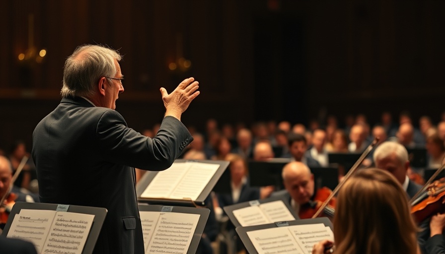 Conductor passionately leading orchestra performance in dim concert hall.