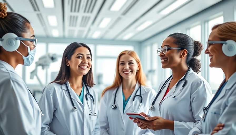 Women doctors collaborating in a futuristic healthcare clinic.