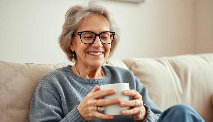 Middle-aged woman smiling with a mug, discusses meal prep for fat loss.