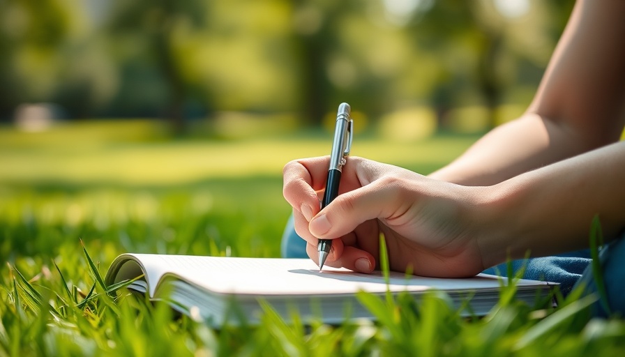 Writing in notebook on grass, reflecting on weight gain in perimenopause.