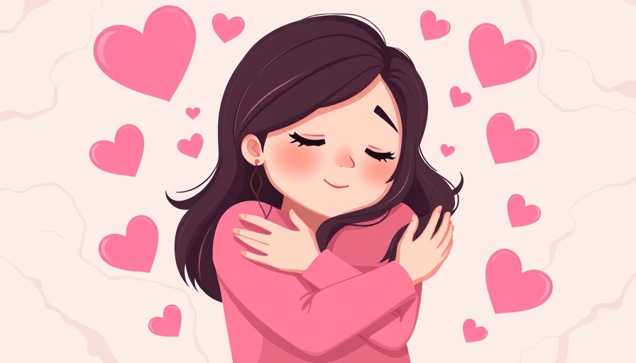 Illustration of woman hugging herself with hearts, 'Oxytocin: The Hugging Hormone'.