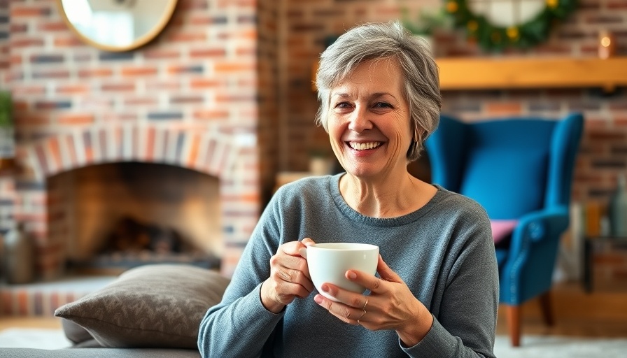 Smiling woman enjoying tea, illustrating benefits of orgasms for menopausal women.