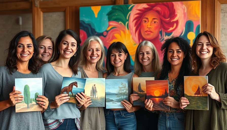 Diverse group of women at a menopause retreat holding small artworks.