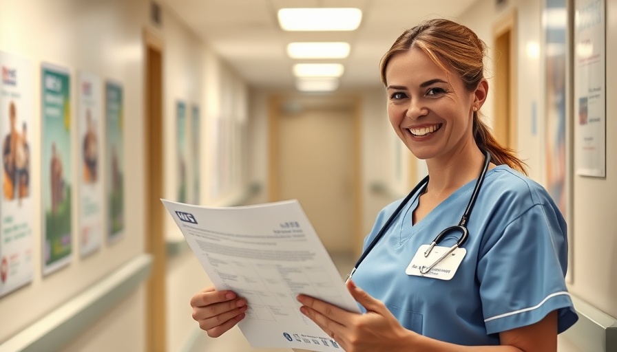 NHS nurse engaging with a survey in a hospital corridor.
