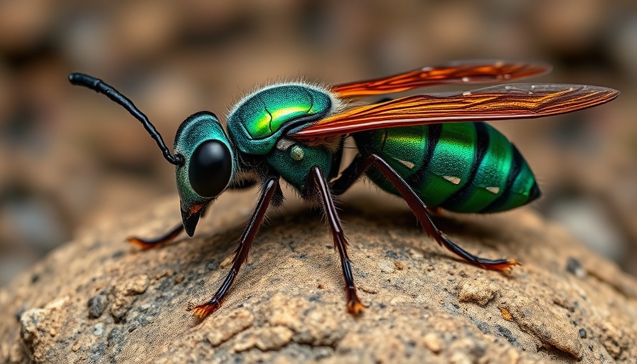 Vibrant jewel wasp resting on rock, vivid colors, photorealistic.