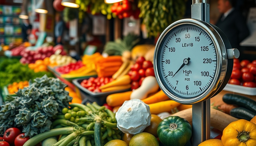 Fresh vegetables and fruit beside a high blood pressure sign, illustrating health concerns in menopause.