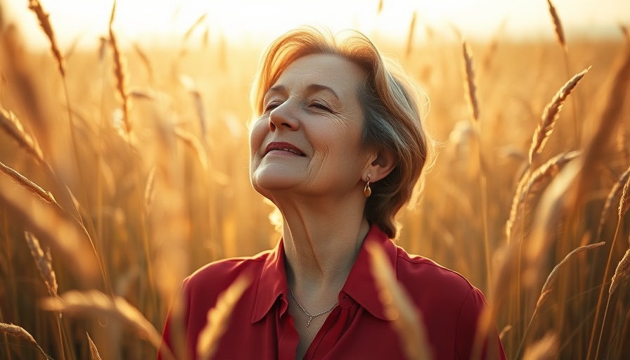 Middle-aged woman experiencing hot flushes during menopause in nature.