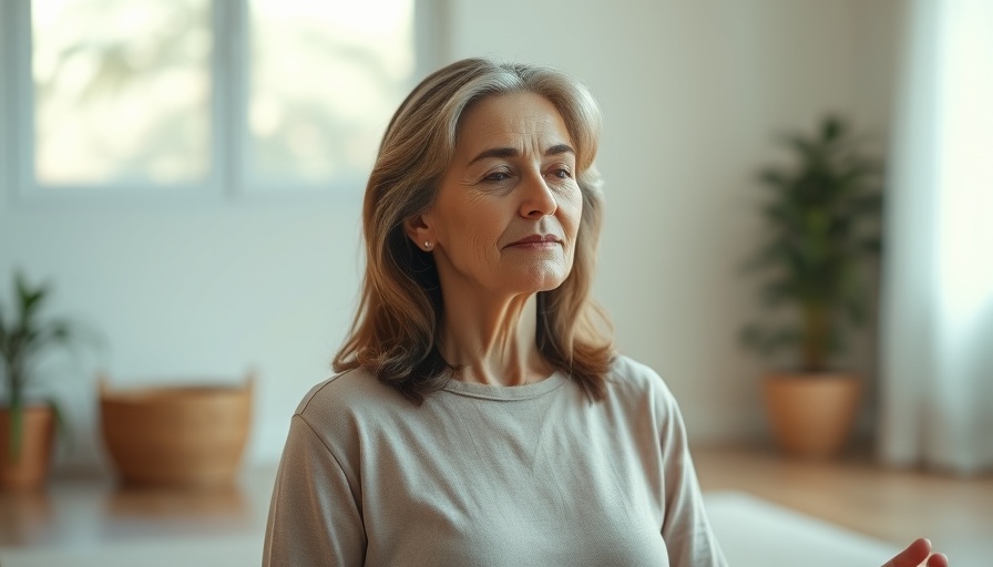 Serene middle-aged woman meditating, brain fog management during midlife.
