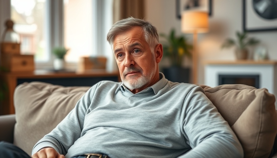Mature man experiencing male menopause symptoms, sitting thoughtfully.