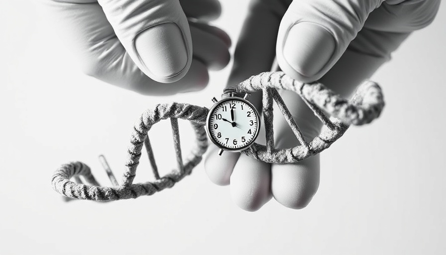 Genes behind aging concept illustrated with clock DNA held by gloved hands.