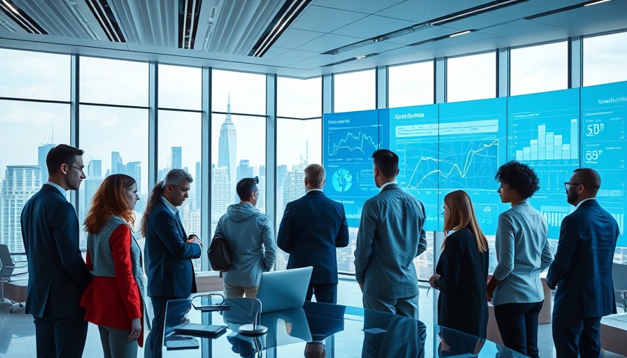 Enterprise digital innovation scene with professionals at digital interface.