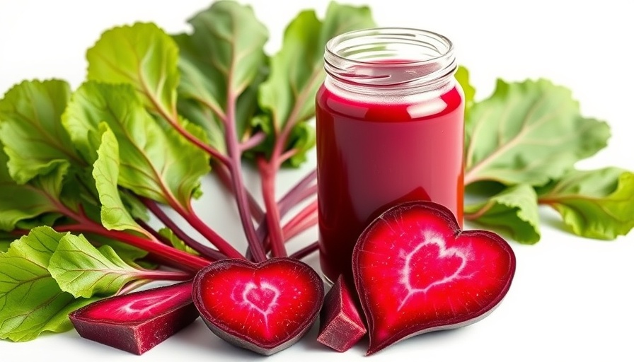 Beet juice in a jar with heart-shaped beet slice emphasizing health benefits.