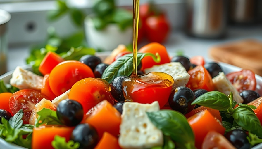 Mediterranean salad with vibrant ingredients and olive oil pour.