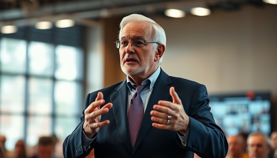 Older man in a suit speaking with gesture during a formal event.
