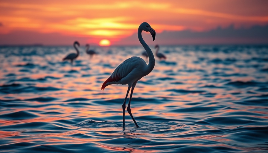 Flamingo in water at sunset, highlighting flamingos and aging.