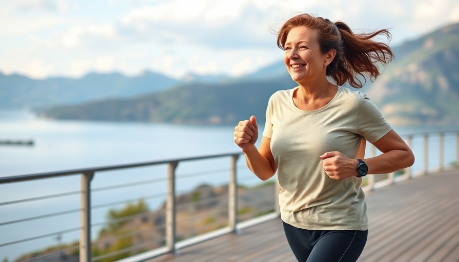 Middle-aged woman jogging outdoors with a scenic mountain view.