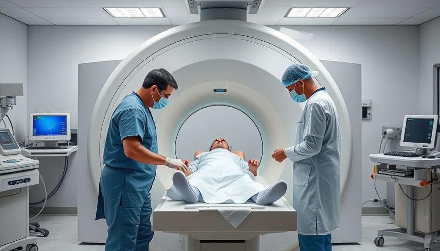Medical team collaborates with MRI machine in rural hospital setting.