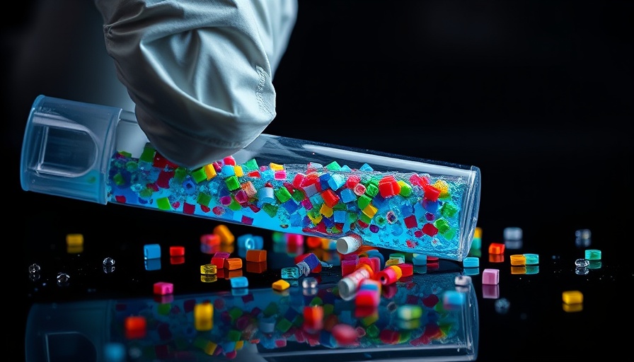 Microplastics in test tube illustrating pollution impact, dark background.