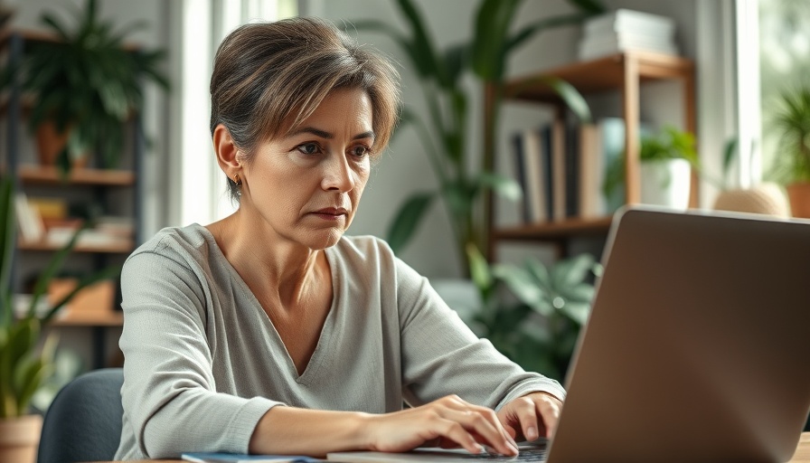 Middle-aged woman using a laptop for 7 dimensions of health for menopause.