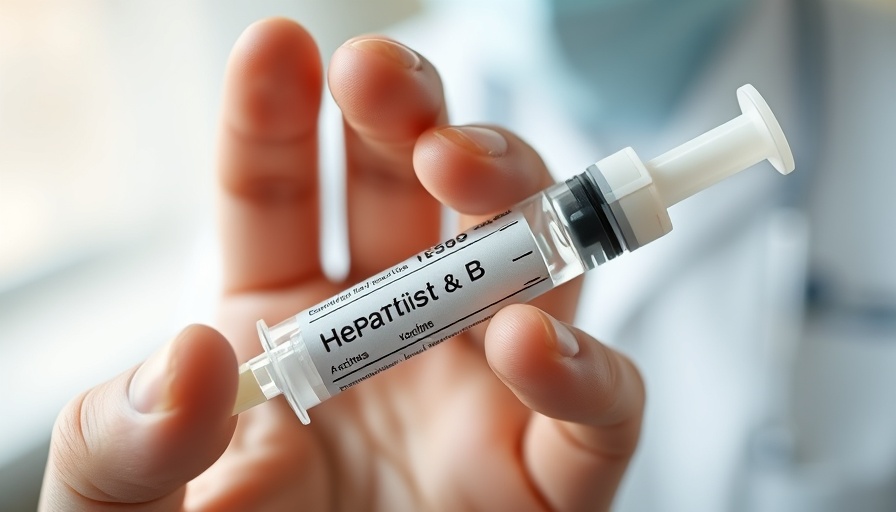 Hand holding a hepatitis B vaccine syringe in a clinic, hepatitis B vaccine debate.