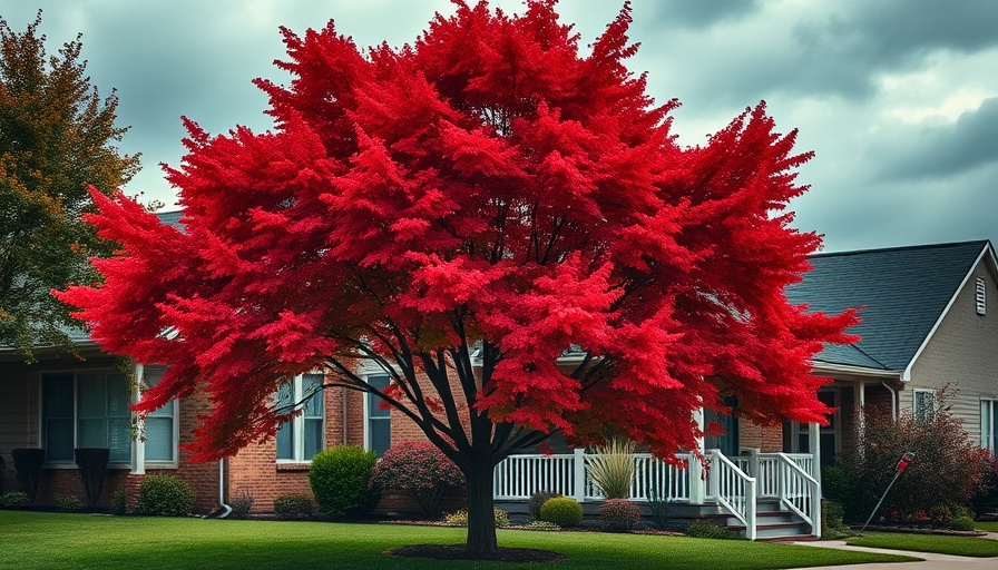 Charming suburban house and autumn tree under moody skies.