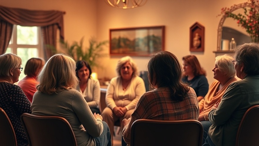 Support group sharing stories for trauma-informed recovery in a warm, inviting room.