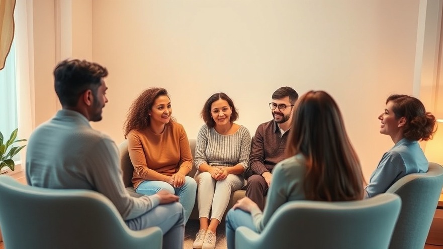 Diverse group discussing mental health recovery in a warm therapy room.