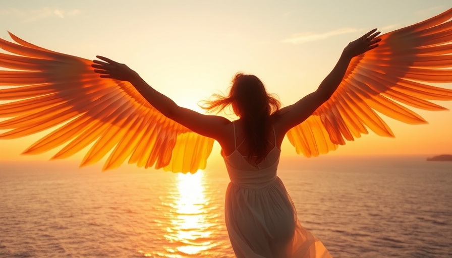 Artistic depiction of a woman with wings embracing a sunset for trauma healing.