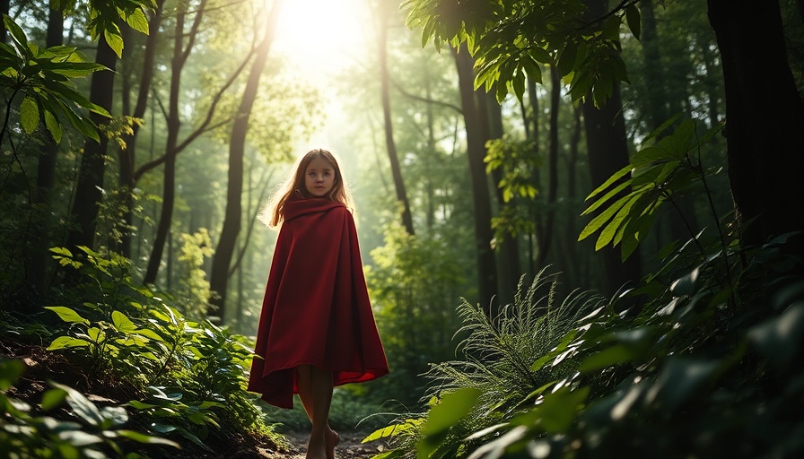 Mysterious girl in red exploring enchanting sunlit forest.