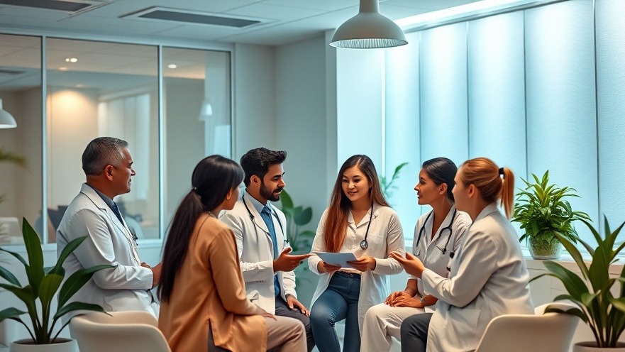 Diverse healthcare professionals discuss trauma therapy in a calming clinic setting.