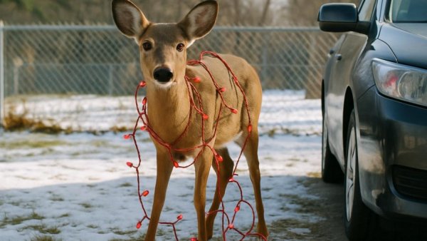 Curious deer with red holiday lights in backyard, wildlife-friendly holiday decorations